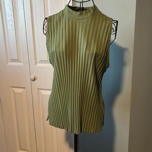 Olive green, ribbed sleeveless shirt.